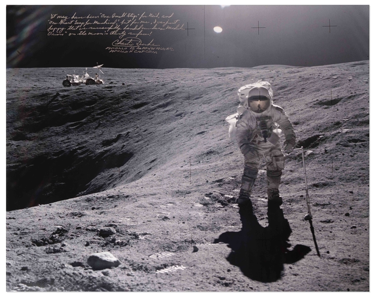 Charlie Duke Signed 20'' x 16'' Lunar Photo -- ''It may have been 'one small step' for Neil...I was just happy that we successfully landed...''